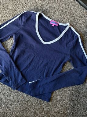 Edikted Navy Long Sleeve Top with White Trim and Pink Tag
